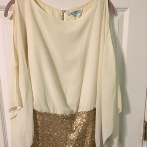 White and Gold Cut Out Shoulder Dress